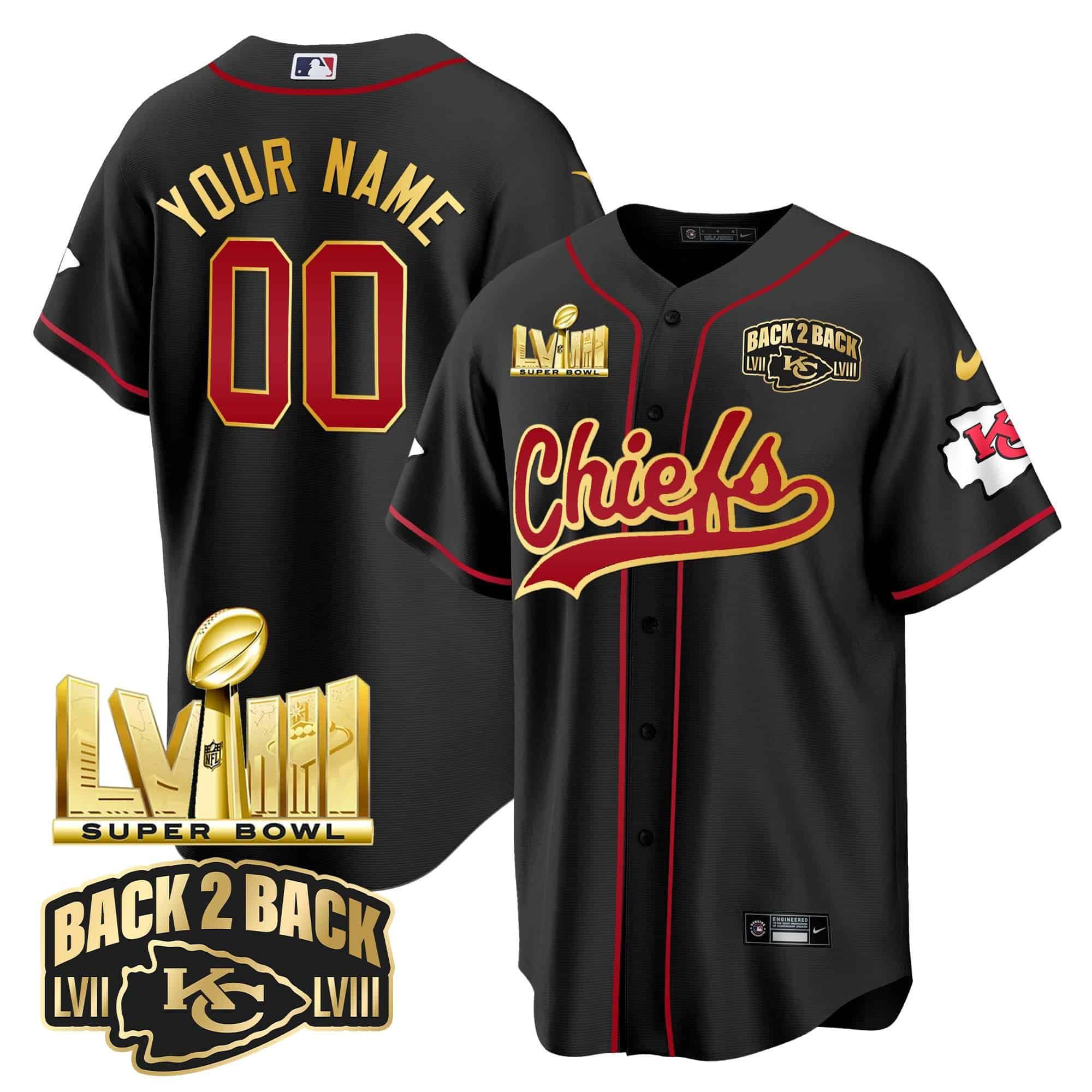 Men Kansas City Chiefs Black 2024 Nike Super Bowl LVIII Back 2 Back Gold Patch Baseball Custom NFL Jersey